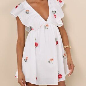 Lulus Kory White Embroidered Flutter Sleeve Mini Dress - Size L